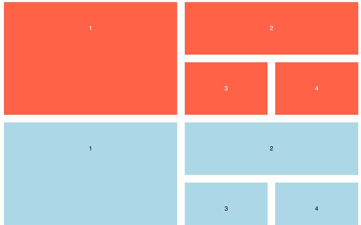 Side-by-side comparison of a flex grid to a grid layout grid